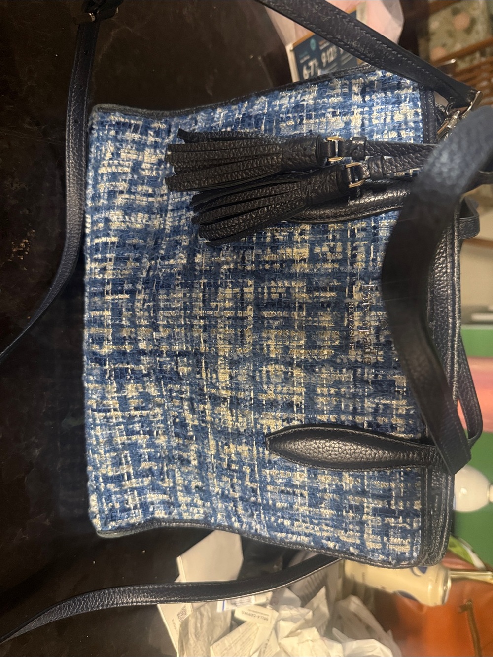 kate spade Blue Tweed Tote with Leather Tassels